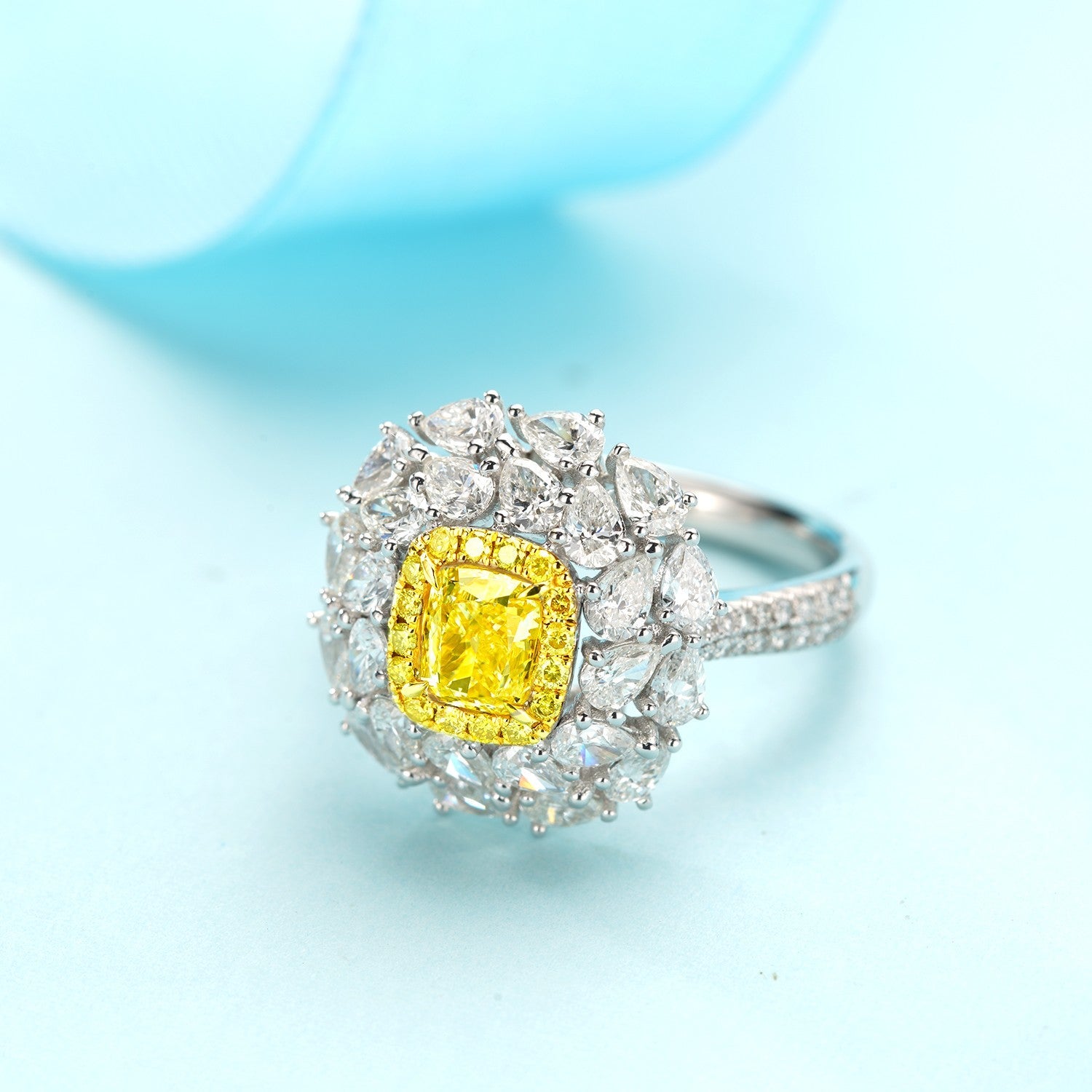 Cra Diamond Cushion Double Halo Teardrop Jewelry Set - Yellow Diamond Ring