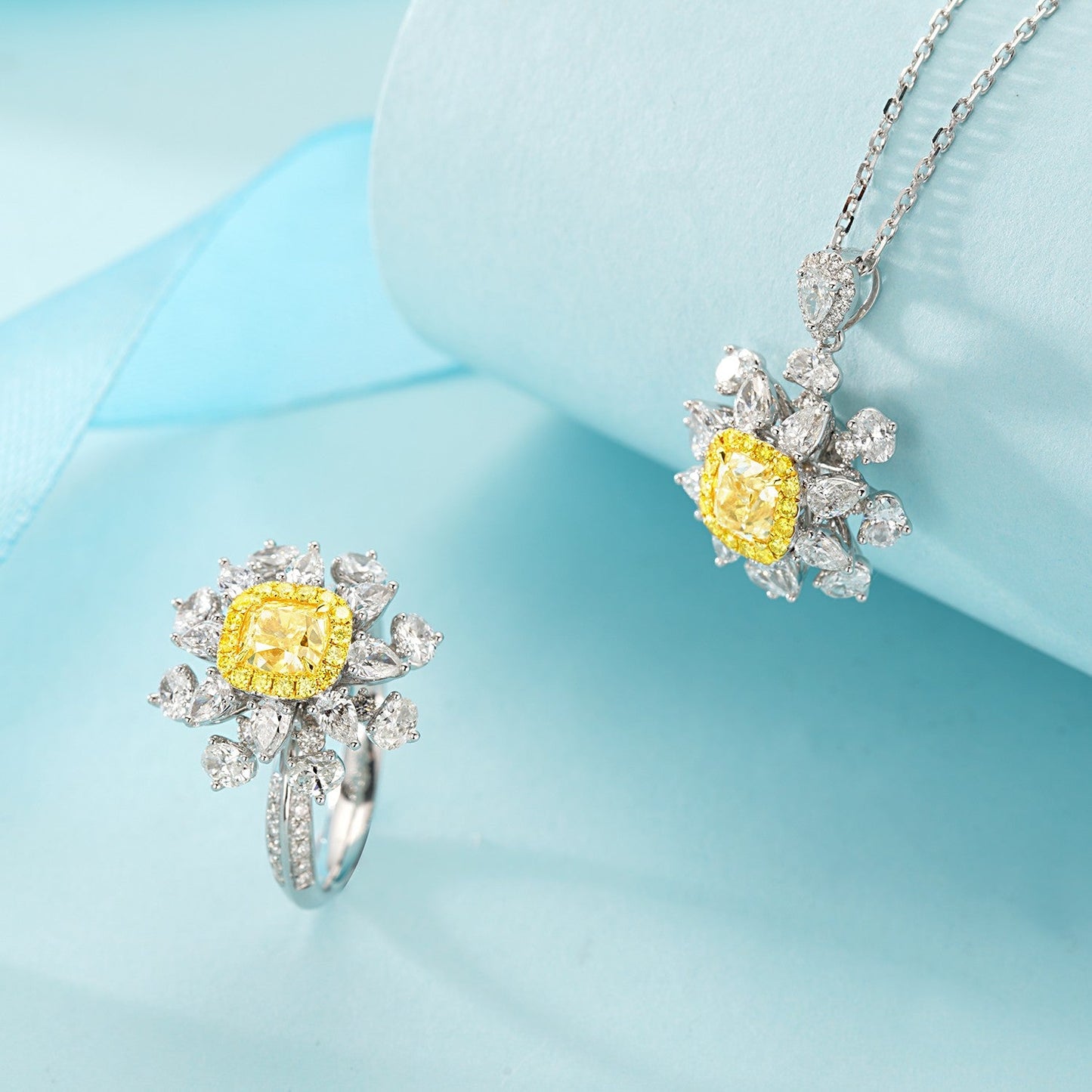 Crafted Elegance: Cushion Teardrop and Oval Diamond Suite Jewelry - Yellow Diamond Ring