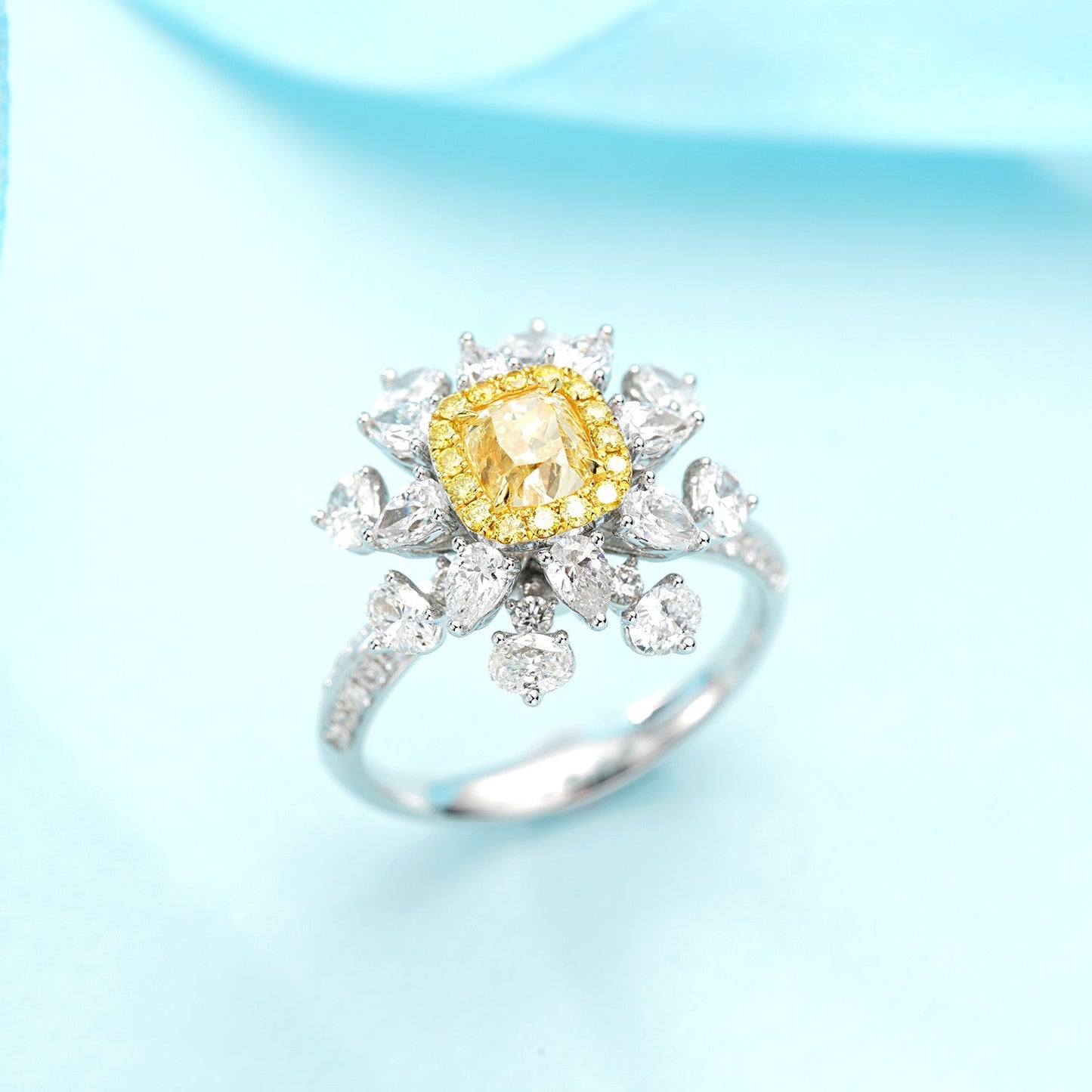 Crafted Elegance: Cushion Teardrop and Oval Diamond Suite Jewelry - Yellow Diamond Ring