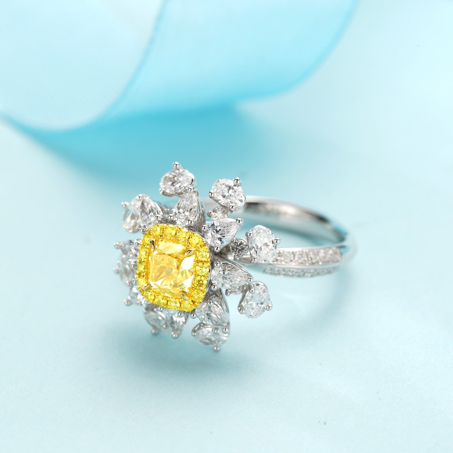 Crafted Elegance: Cushion Teardrop and Oval Diamond Suite Jewelry - Yellow Diamond Ring