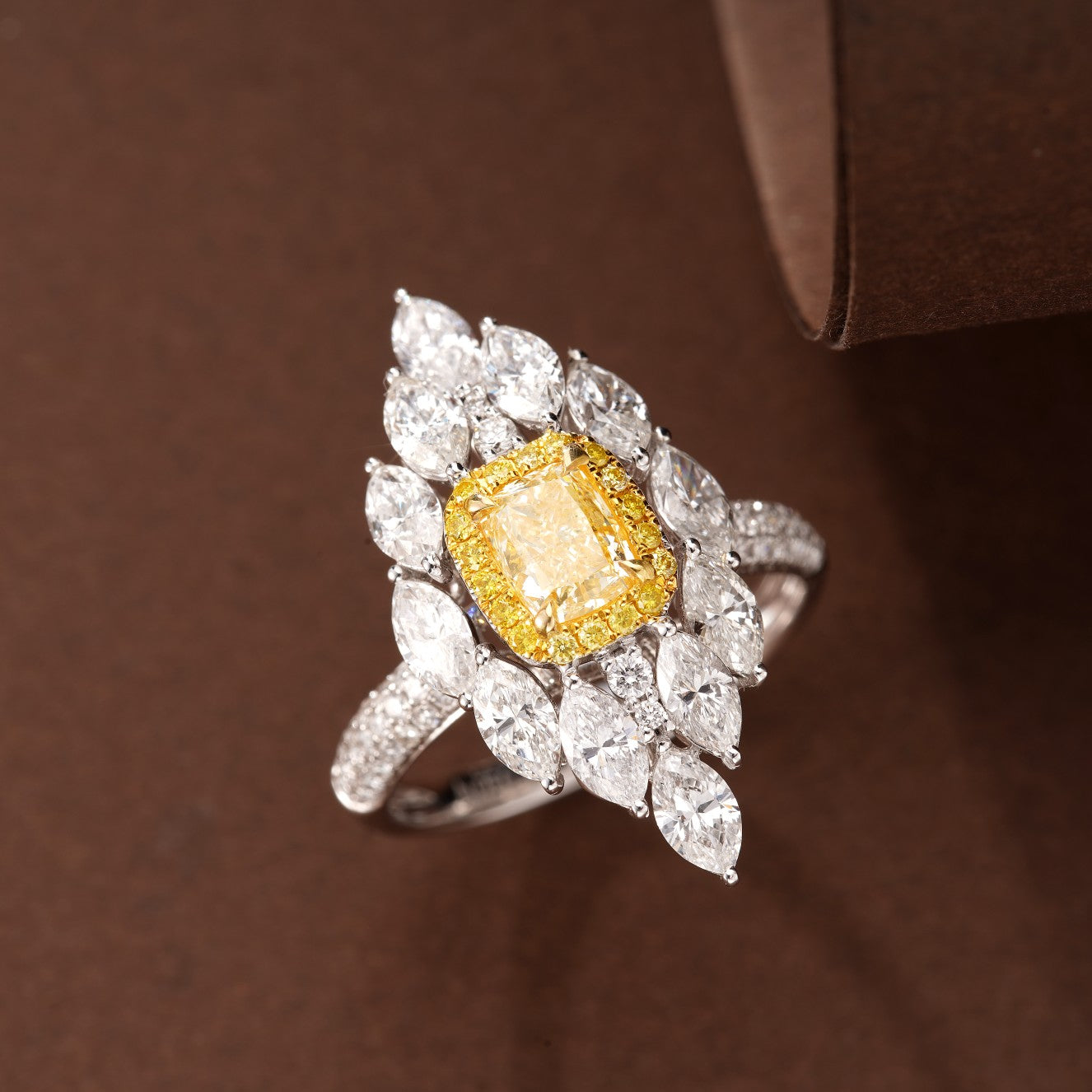 Cushion and Marquise Cut Yellow Diamond Ring - Luxury Jewelry - Yellow Diamond Ring