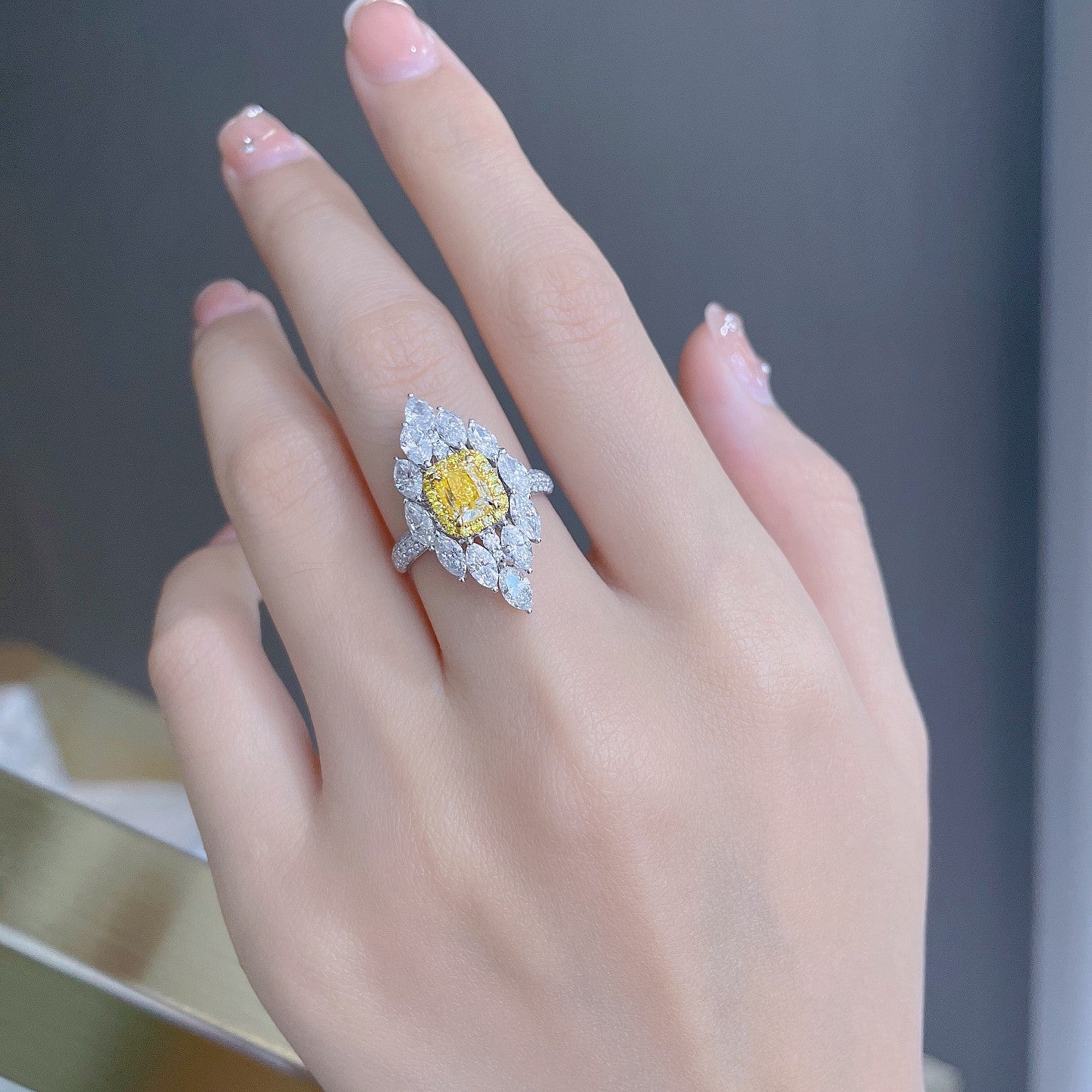 Cushion and Marquise Cut Yellow Diamond Ring - Luxury Jewelry - Yellow Diamond Ring