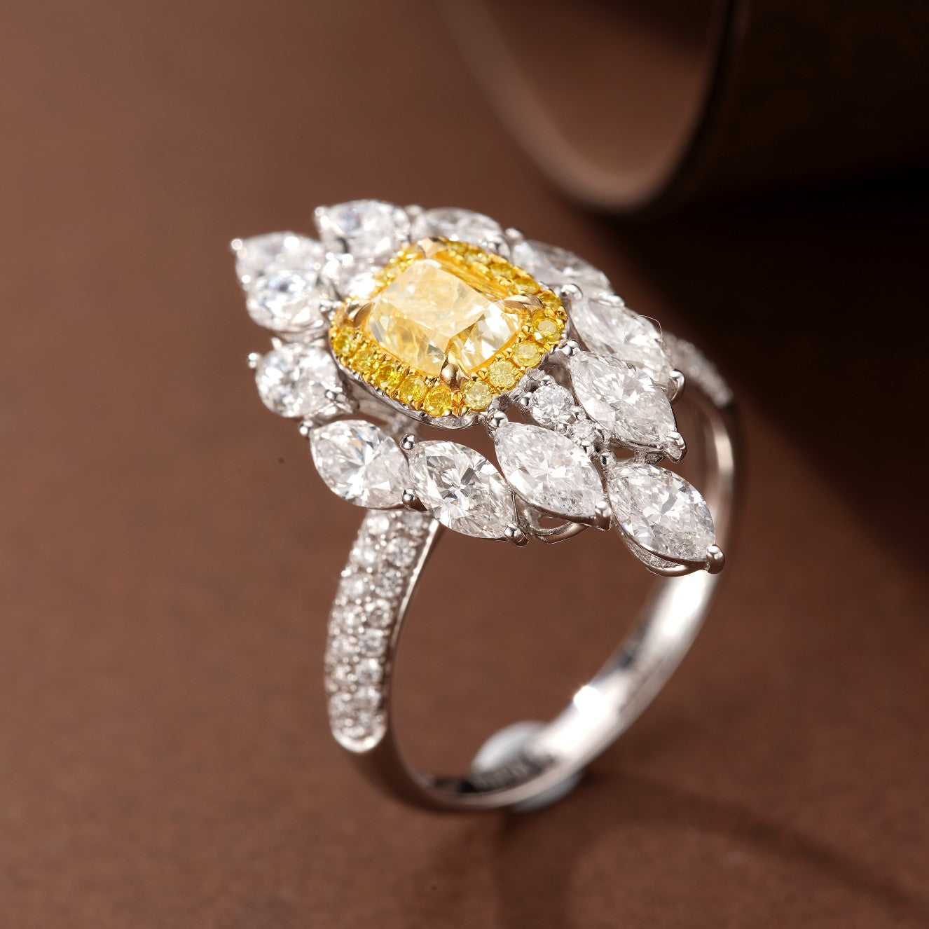 Cushion and Marquise Cut Yellow Diamond Ring - Luxury Jewelry - Yellow Diamond Ring