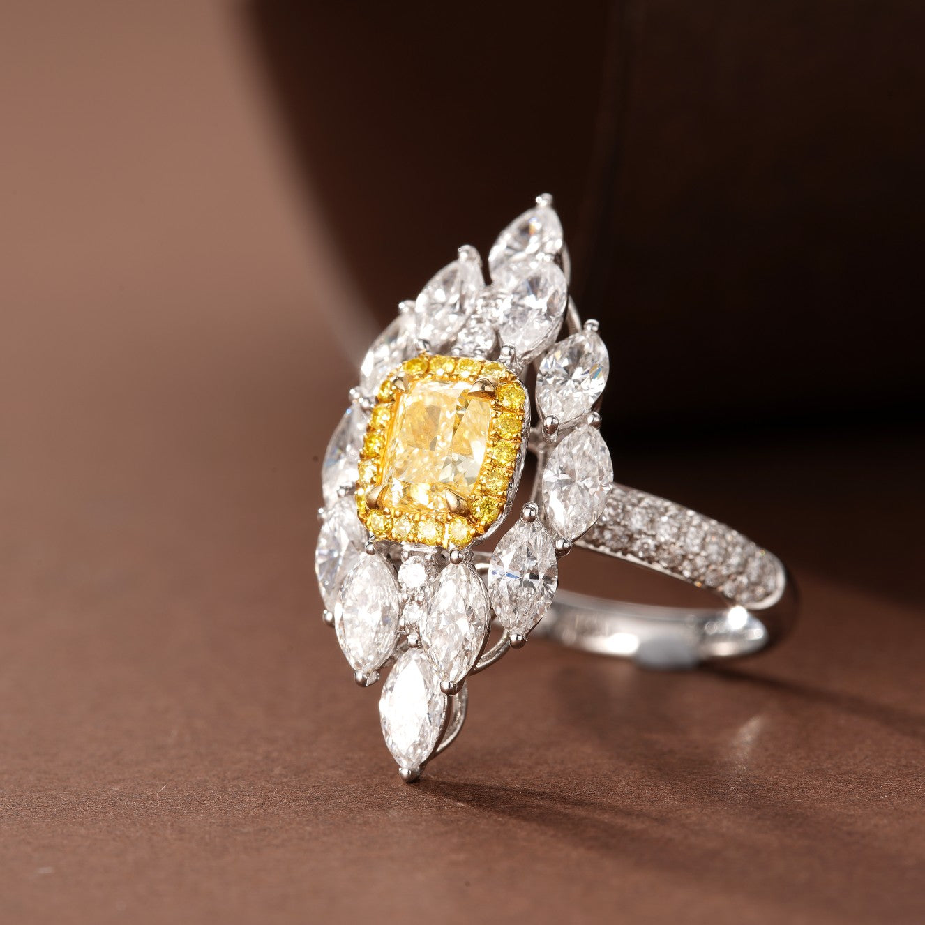 Cushion and Marquise Cut Yellow Diamond Ring - Luxury Jewelry - Yellow Diamond Ring