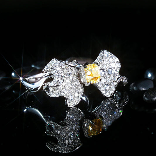 Cushion Cut Diamond Double Leaf Ring - Premium Jewelry - Yellow Diamond Ring