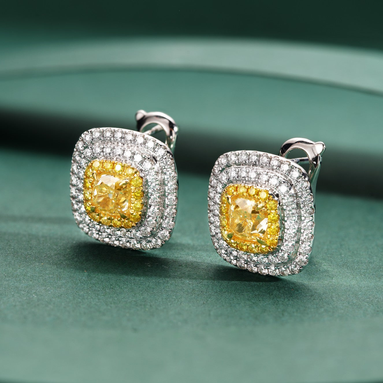 Cushion-Cut Diamond Earrings with Yellow Diamond - Premium Jewelry Jeweler.Jewelry