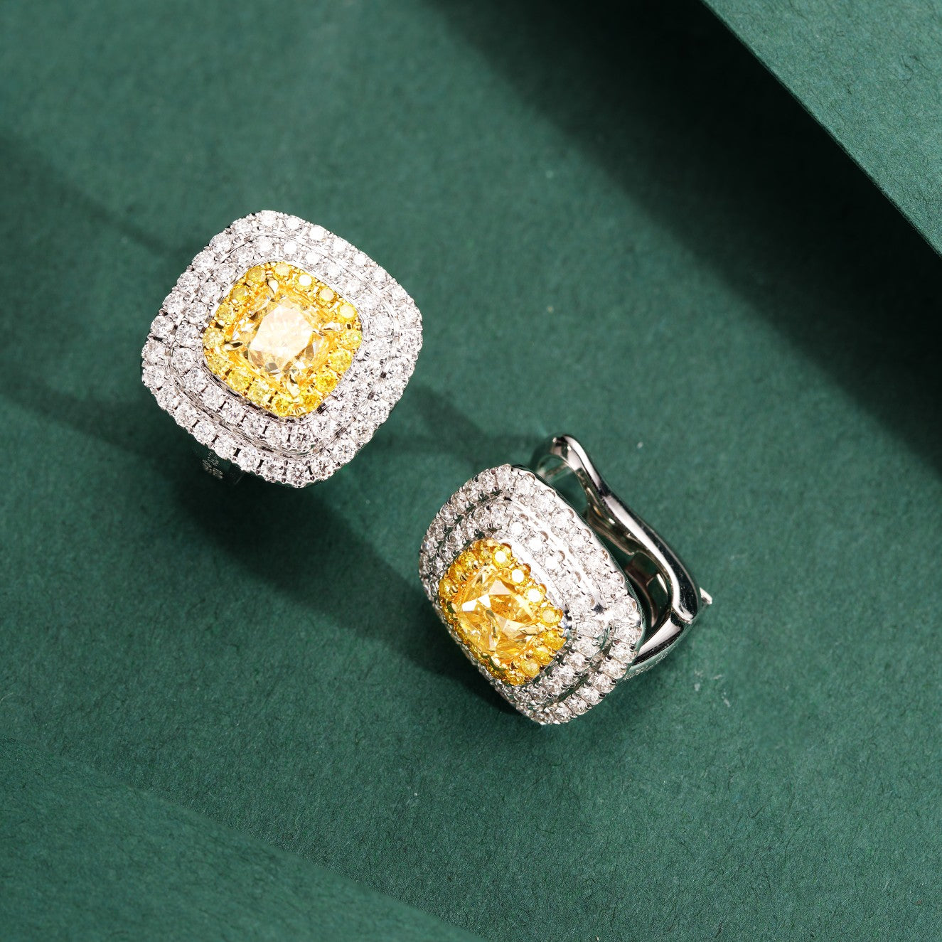 Cushion-Cut Diamond Earrings with Yellow Diamond - Premium Jewelry Jeweler.Jewelry