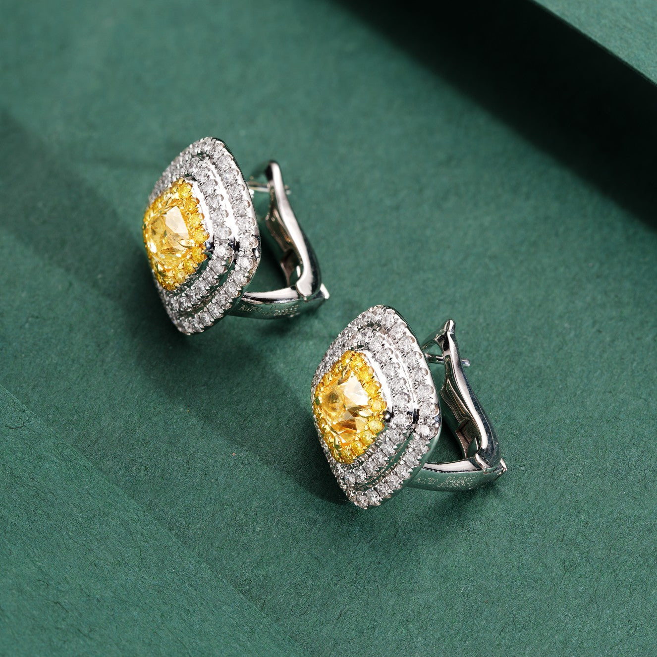 Cushion-Cut Diamond Earrings with Yellow Diamond - Premium Jewelry Jeweler.Jewelry