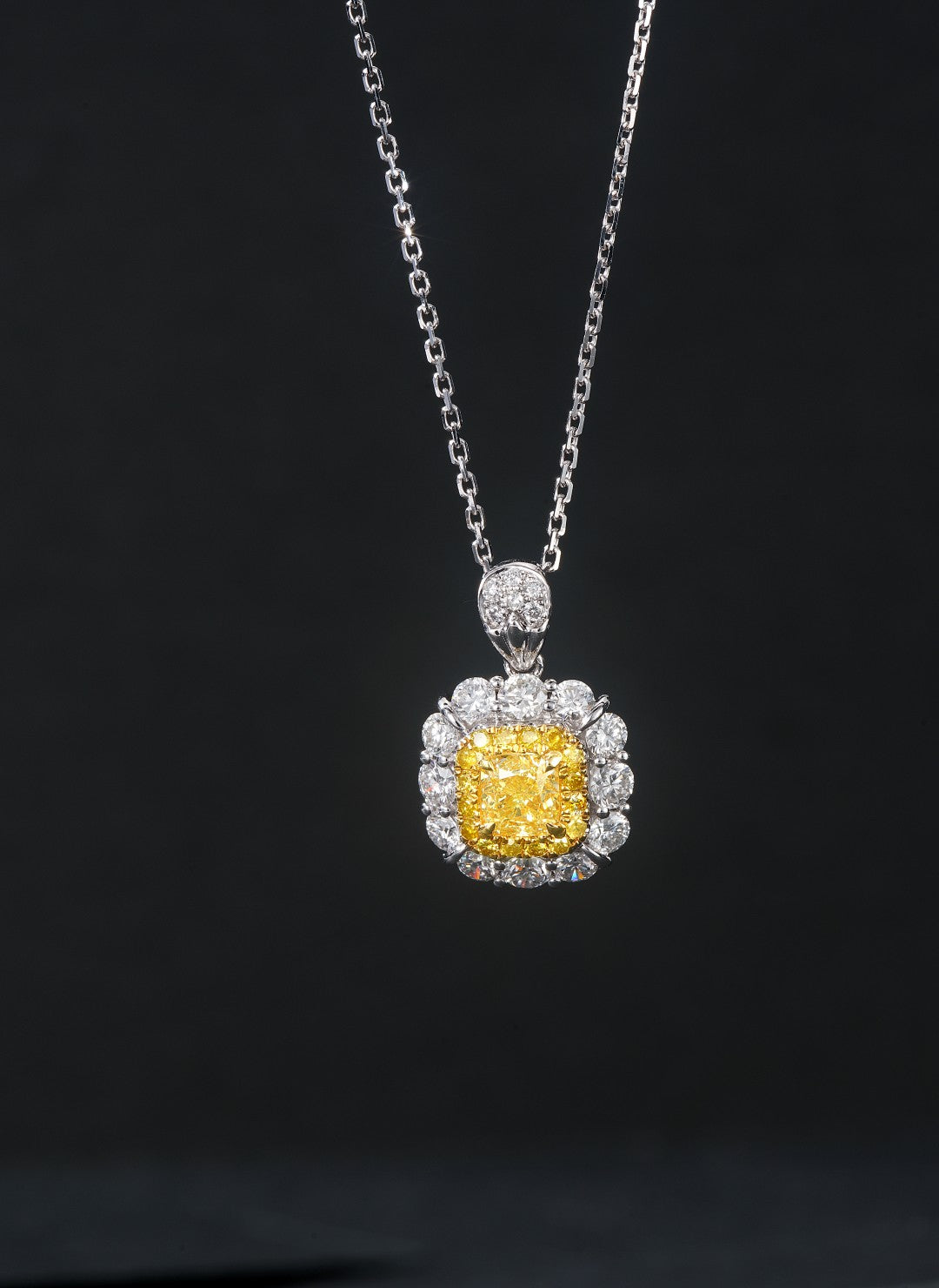 Cushion-Cut Diamond Pendant with Round Diamond Halo - Premium Jewelry - Yellow Diamond Pendant