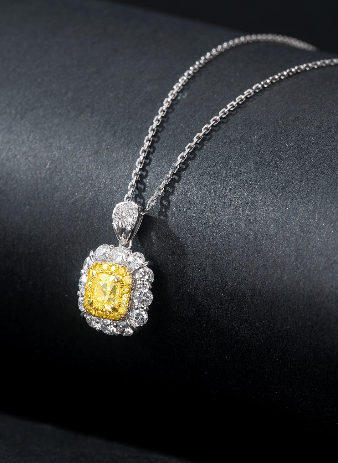 Cushion-Cut Diamond Pendant with Round Diamond Halo - Premium Jewelry - Yellow Diamond Pendant