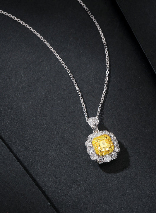 Cushion-Cut Diamond Pendant with Round Diamond Halo - Premium Jewelry - Yellow Diamond Pendant