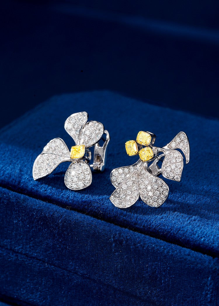 Cushion-Cut Yellow Diamond AB Five-Petal Flower Earrings - Premium Jewelry Jeweler.Jewelry