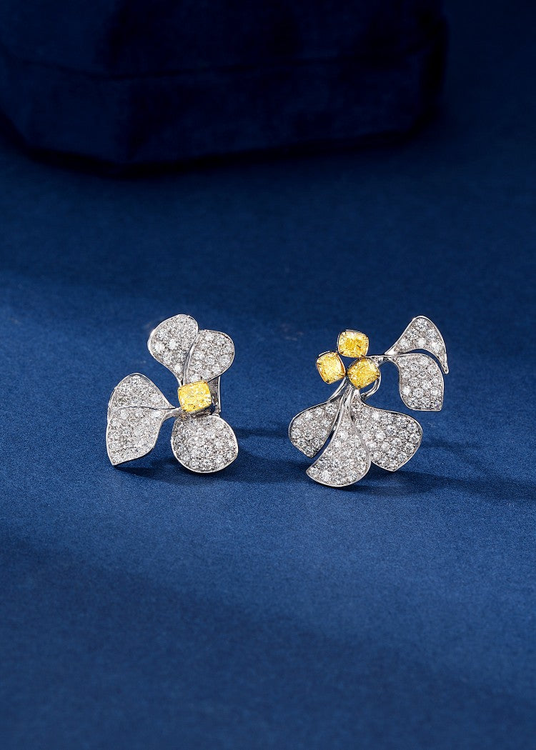 Cushion-Cut Yellow Diamond AB Five-Petal Flower Earrings - Premium Jewelry Jeweler.Jewelry