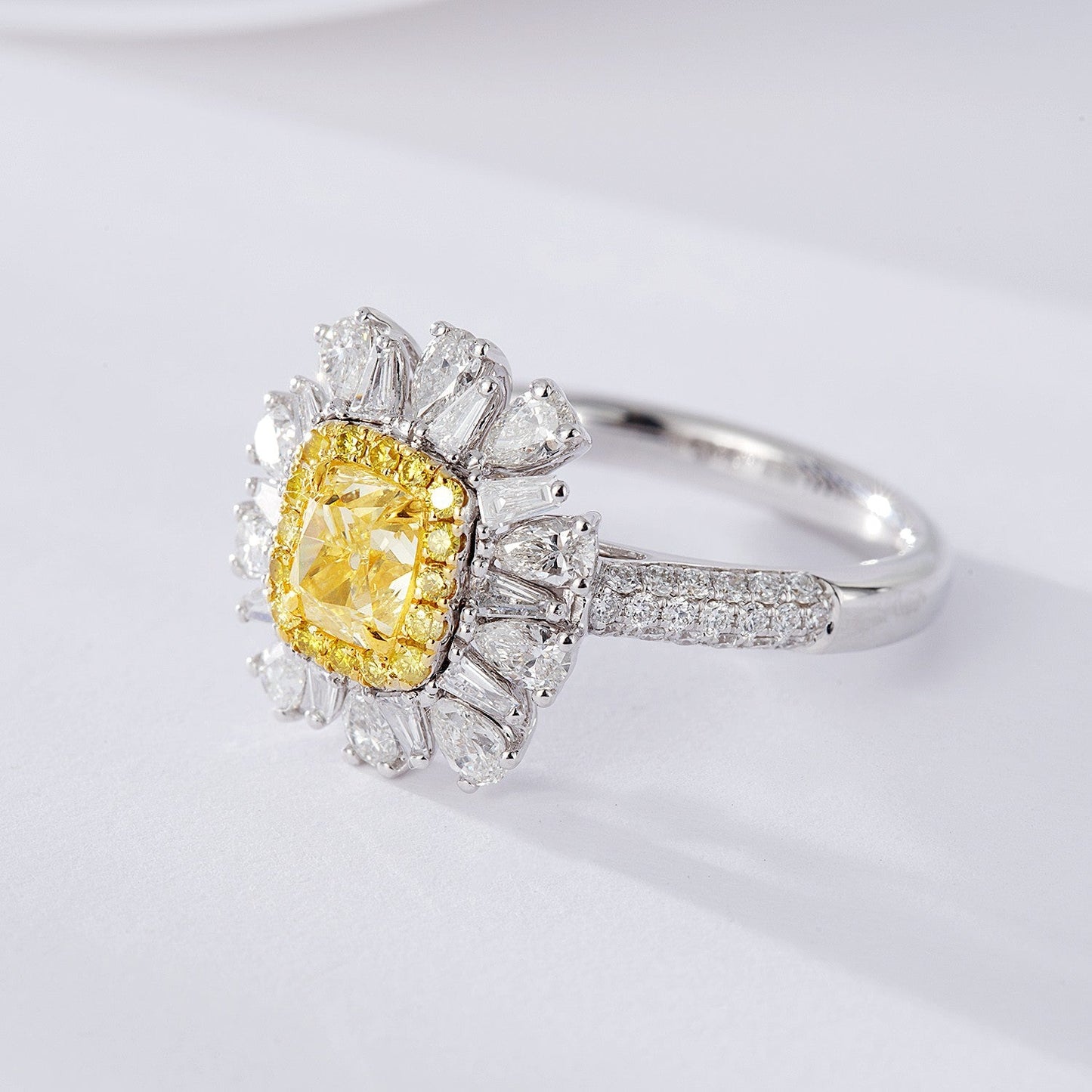 Cushion-Cut Yellow Diamond and T-Square Drop Ring - Luxurious Jewelry - Yellow Diamond Ring