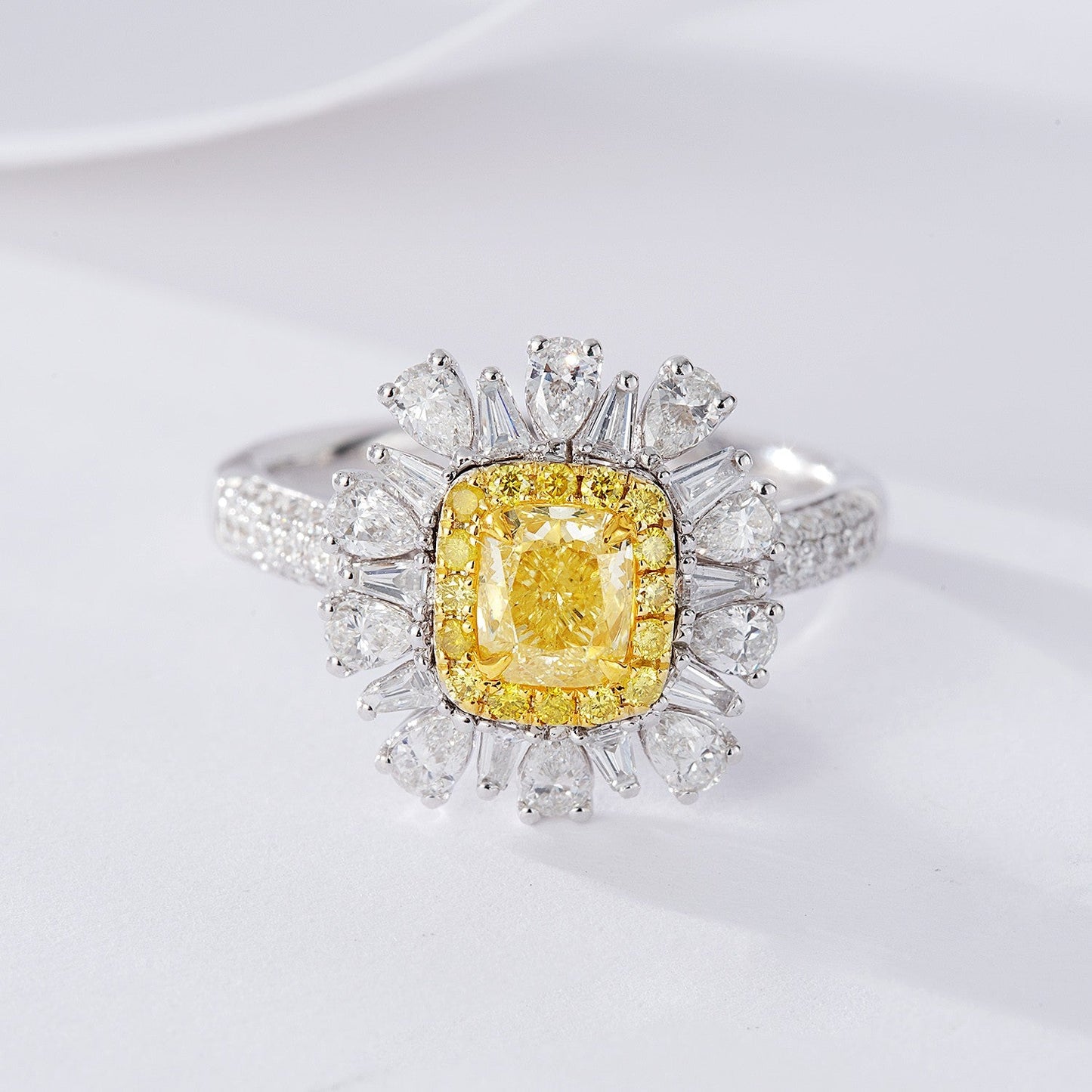 Cushion-Cut Yellow Diamond and T-Square Drop Ring - Luxurious Jewelry - Yellow Diamond Ring