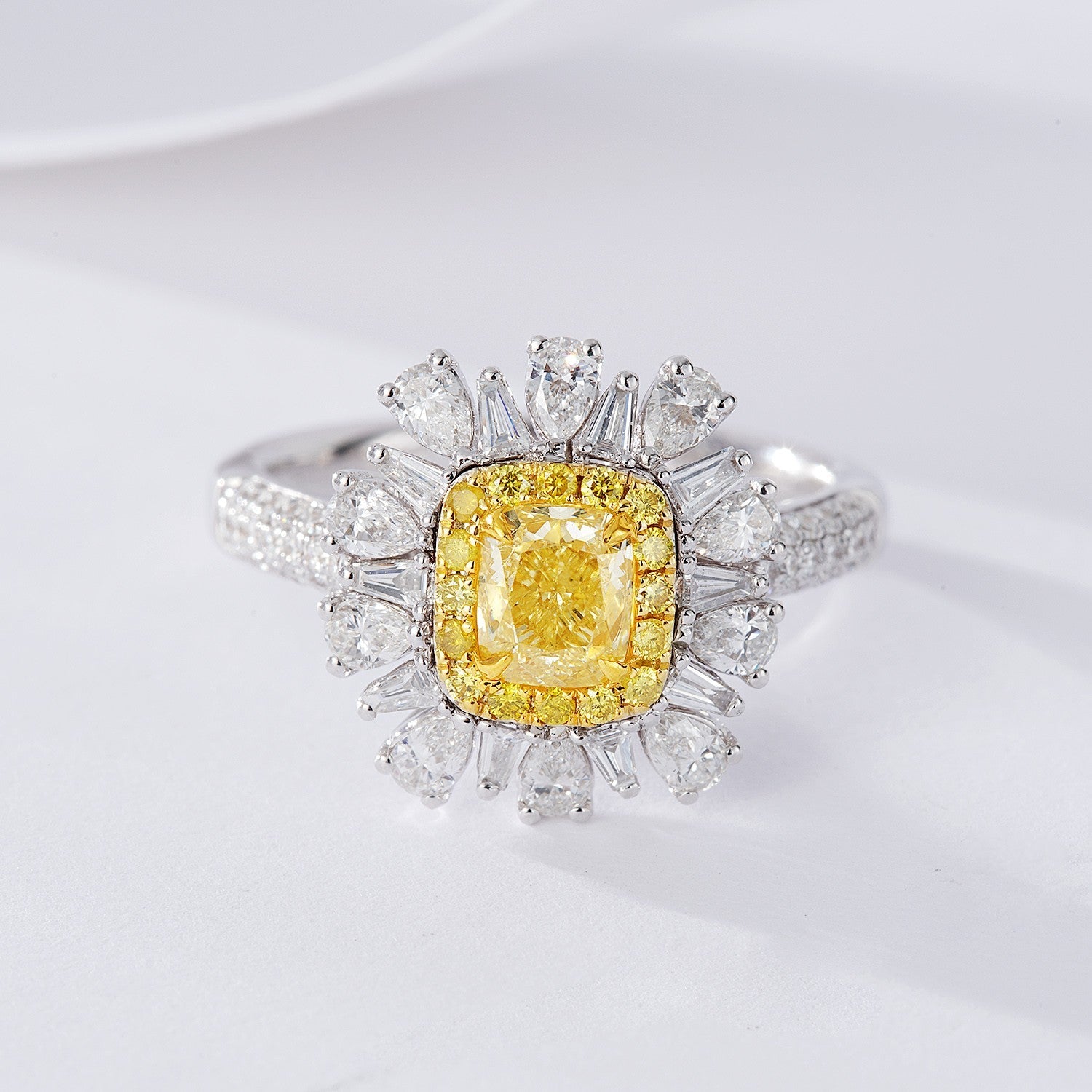 Cushion-Cut Yellow Diamond and T-Square Drop Ring - Luxurious Jewelry - Yellow Diamond Ring