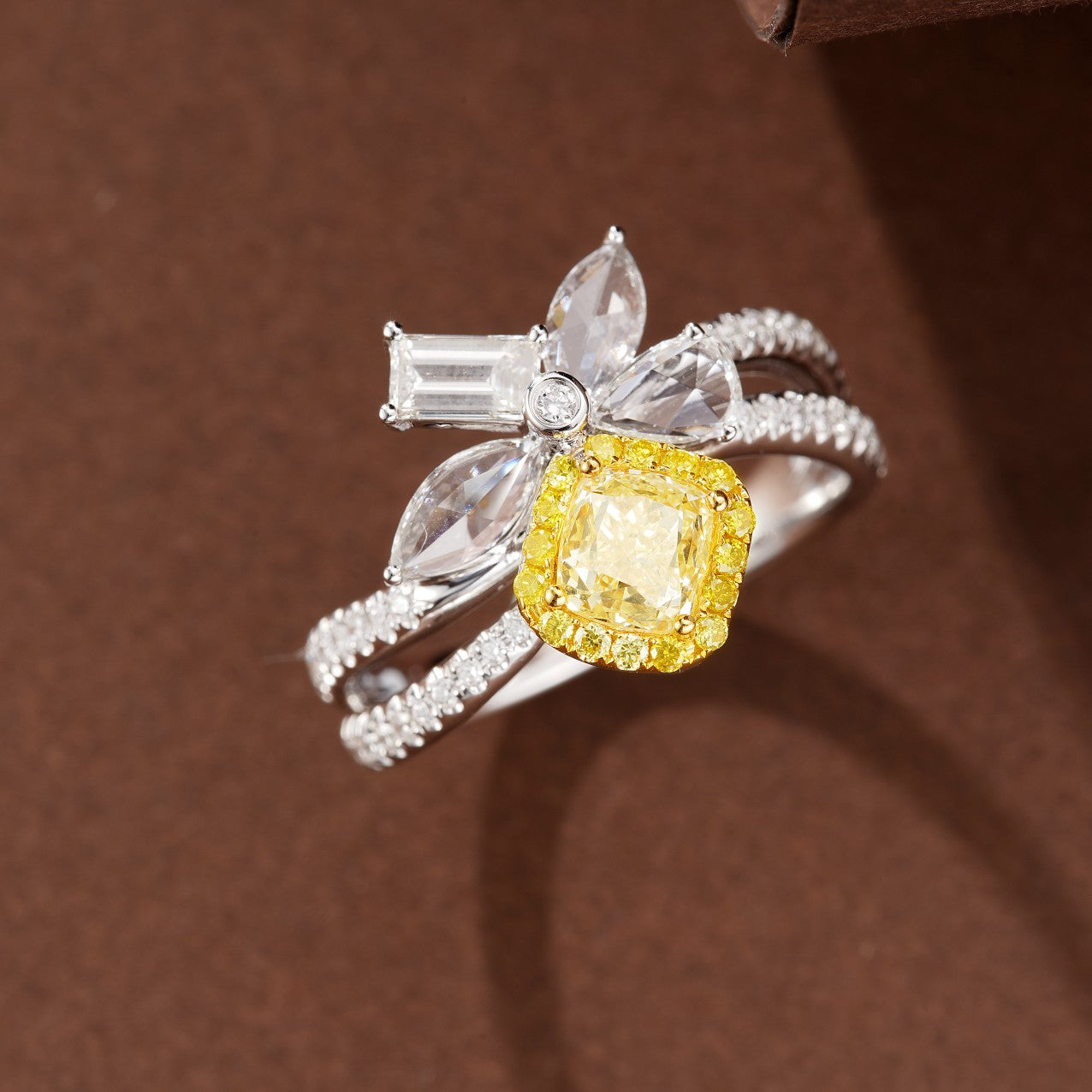 Cushion-Cut Yellow Diamond Double-Arm Ring - Luxury Jewelry - Yellow Diamond Ring