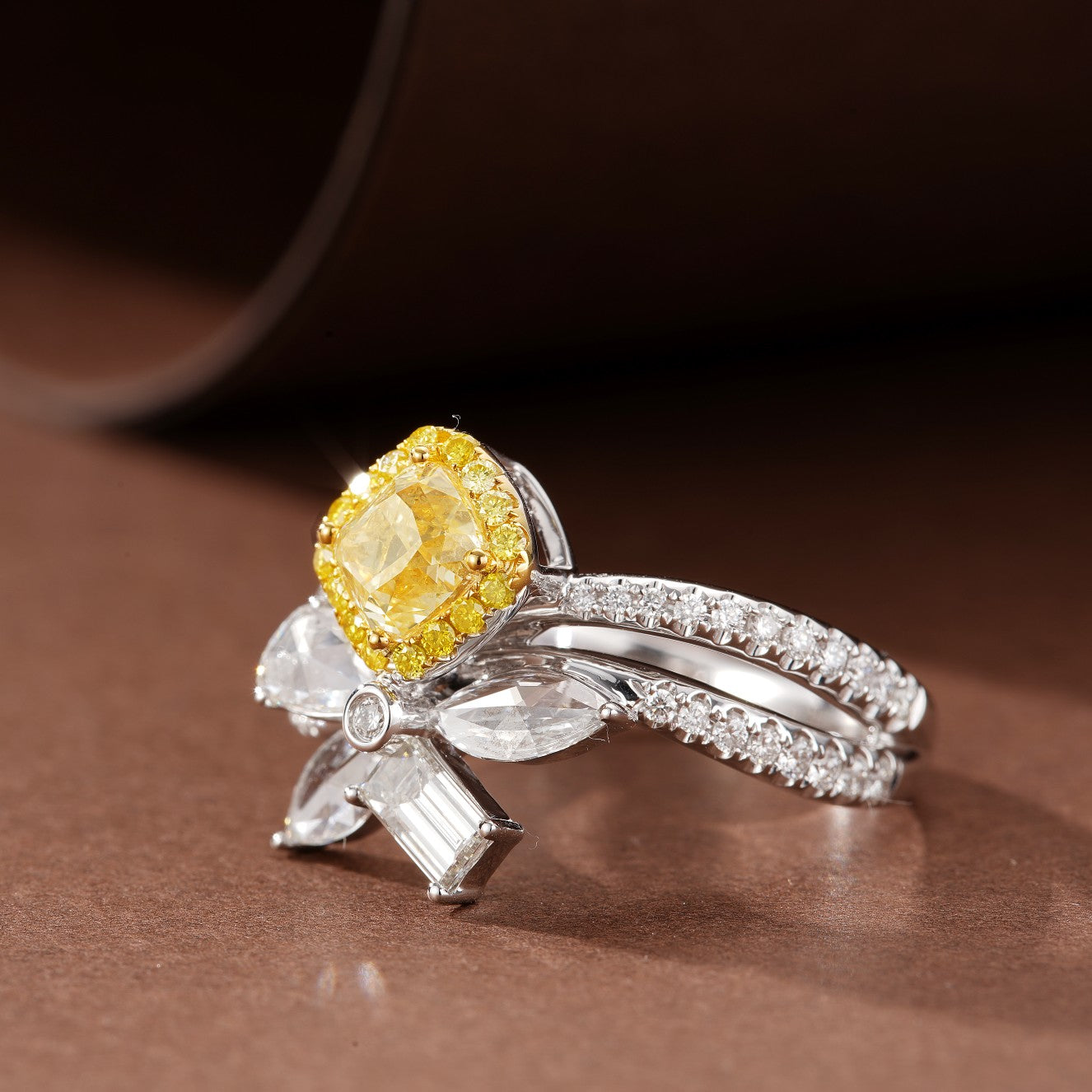 Cushion-Cut Yellow Diamond Double-Arm Ring - Luxury Jewelry - Yellow Diamond Ring