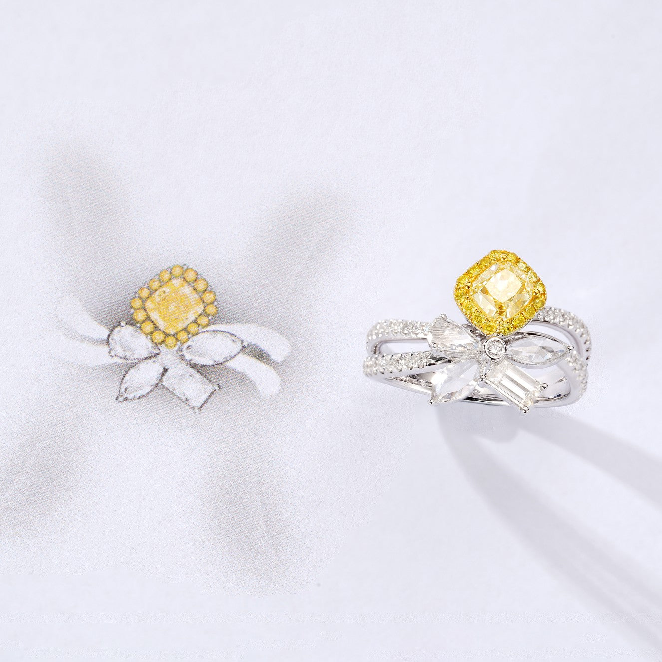 Cushion-Cut Yellow Diamond Double-Arm Ring - Luxury Jewelry - Yellow Diamond Ring