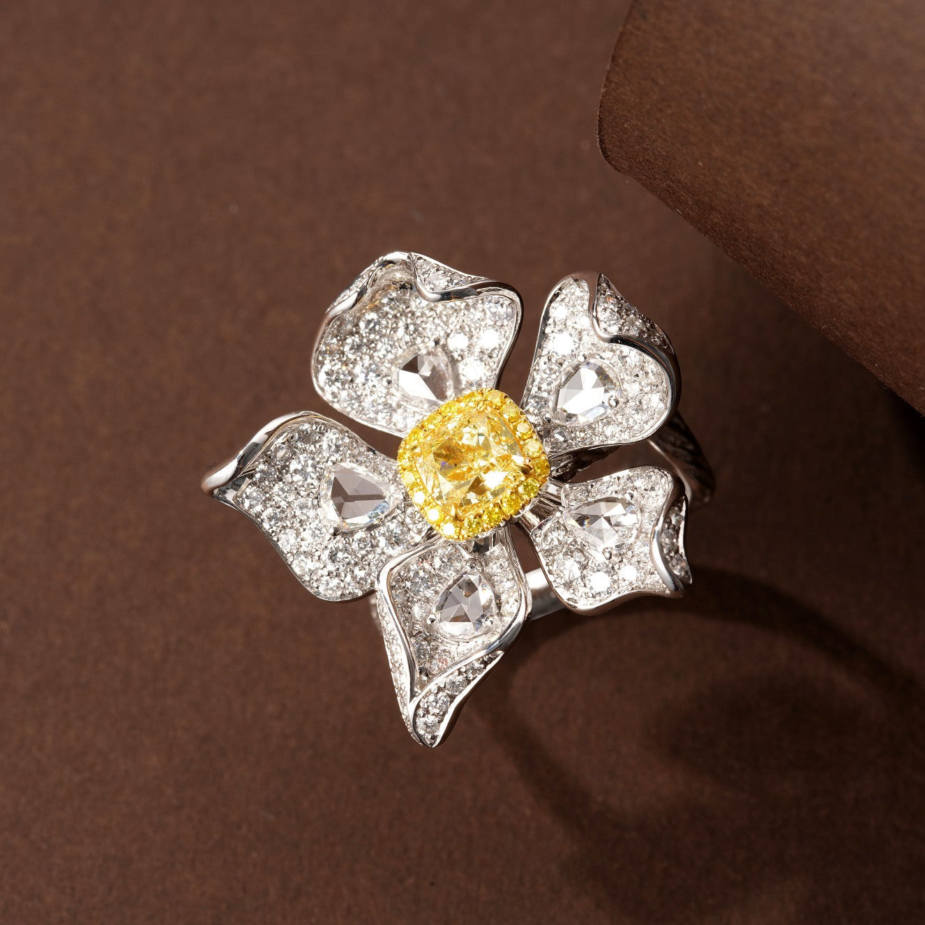 Cushion-Cut Yellow Diamond Five-Flower Ring - Luxurious Jewelry - Yellow Diamond Ring