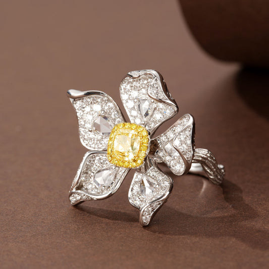 Cushion-Cut Yellow Diamond Five-Flower Ring - Luxurious Jewelry - Yellow Diamond Ring