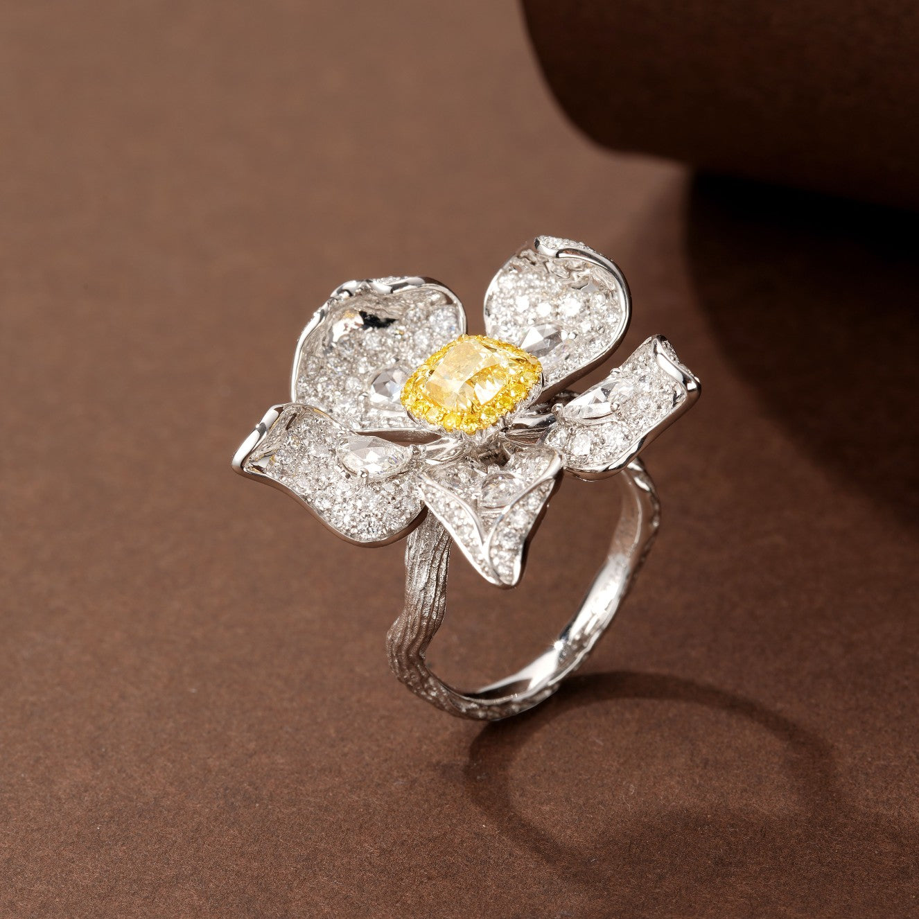 Cushion-Cut Yellow Diamond Five-Flower Ring - Luxurious Jewelry - Yellow Diamond Ring