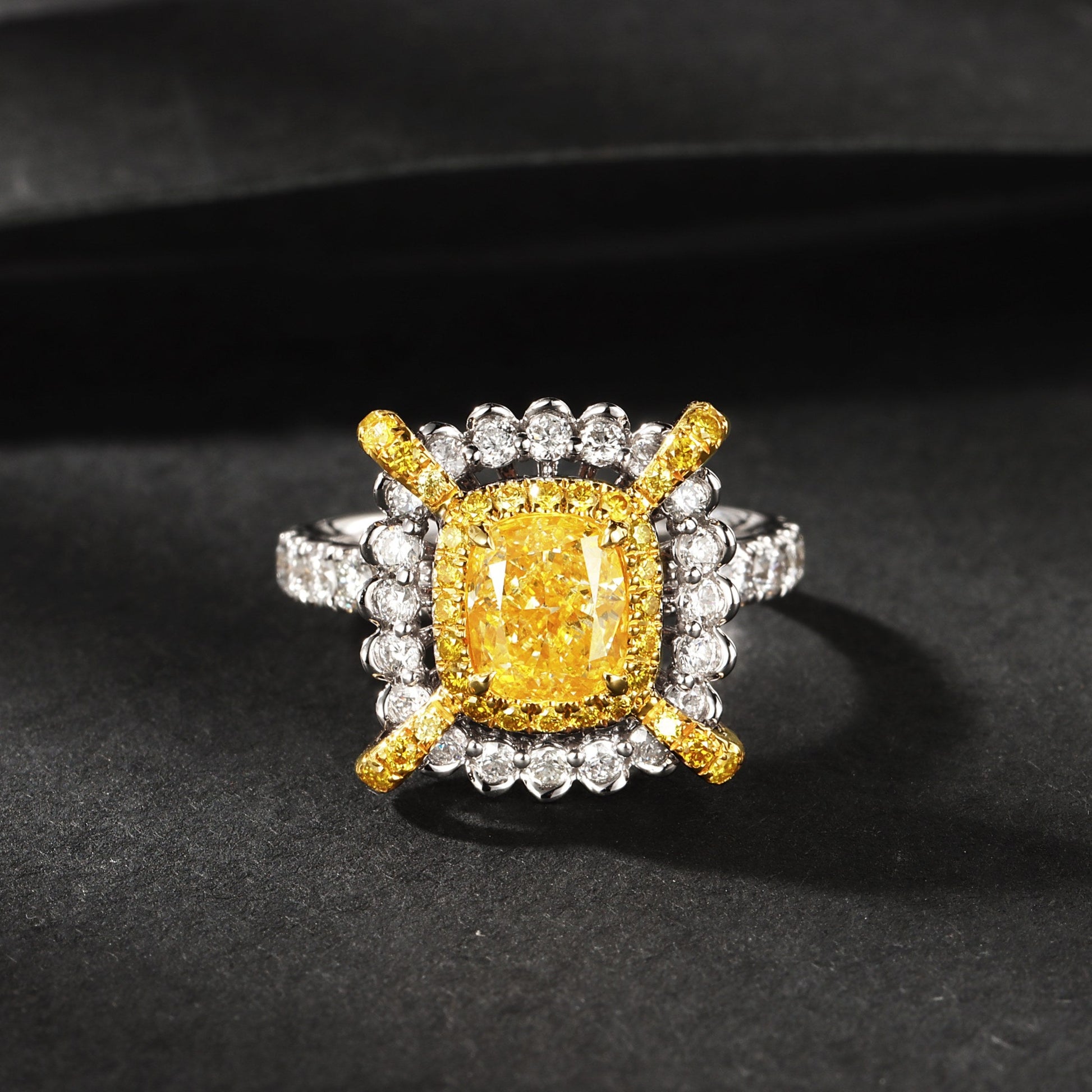 Cushion Cut Yellow Diamond Four-Prong Ring - Premium Jewelry - Yellow Diamond Ring