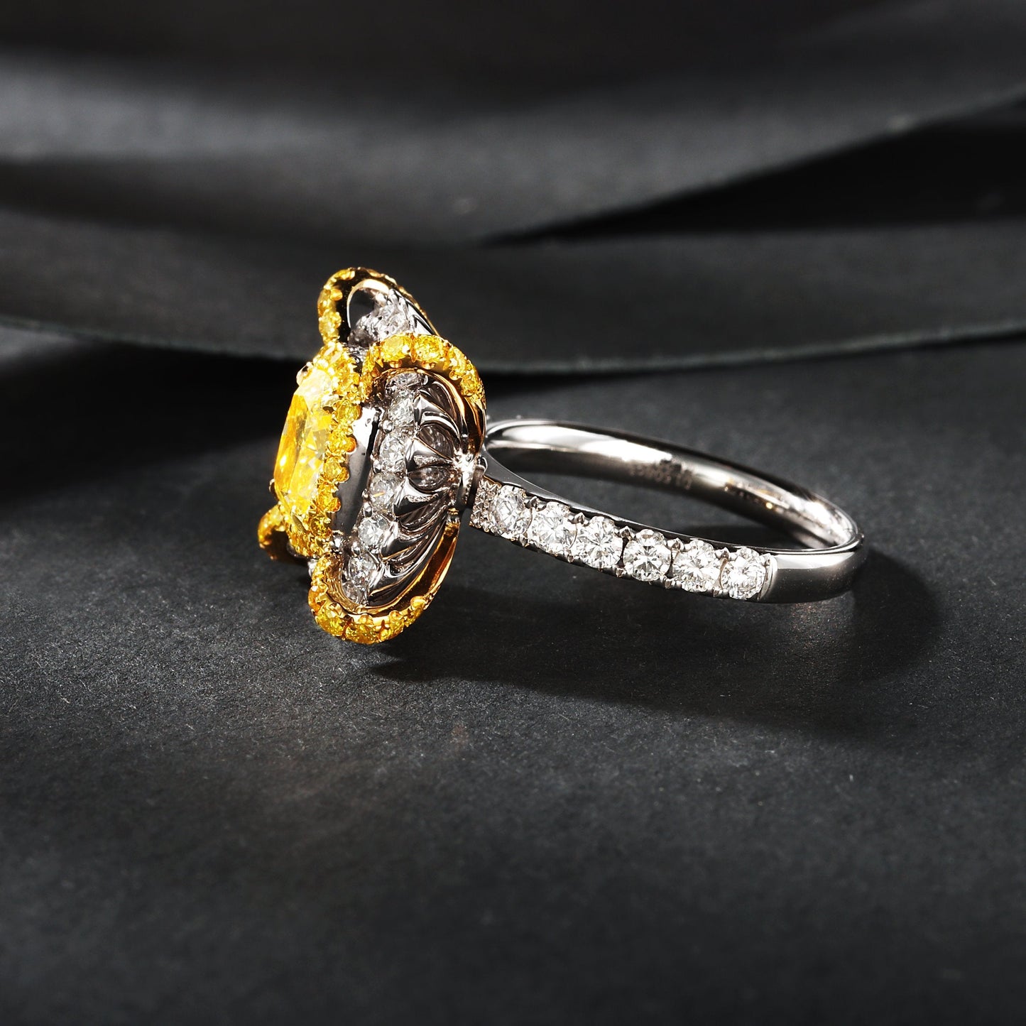 Cushion Cut Yellow Diamond Four-Prong Ring - Premium Jewelry - Yellow Diamond Ring