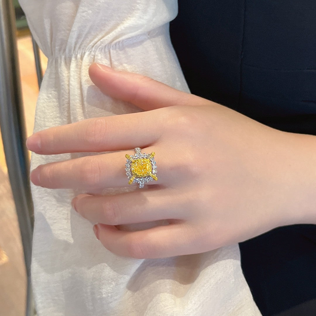 Cushion Cut Yellow Diamond Four-Prong Ring - Premium Jewelry - Yellow Diamond Ring