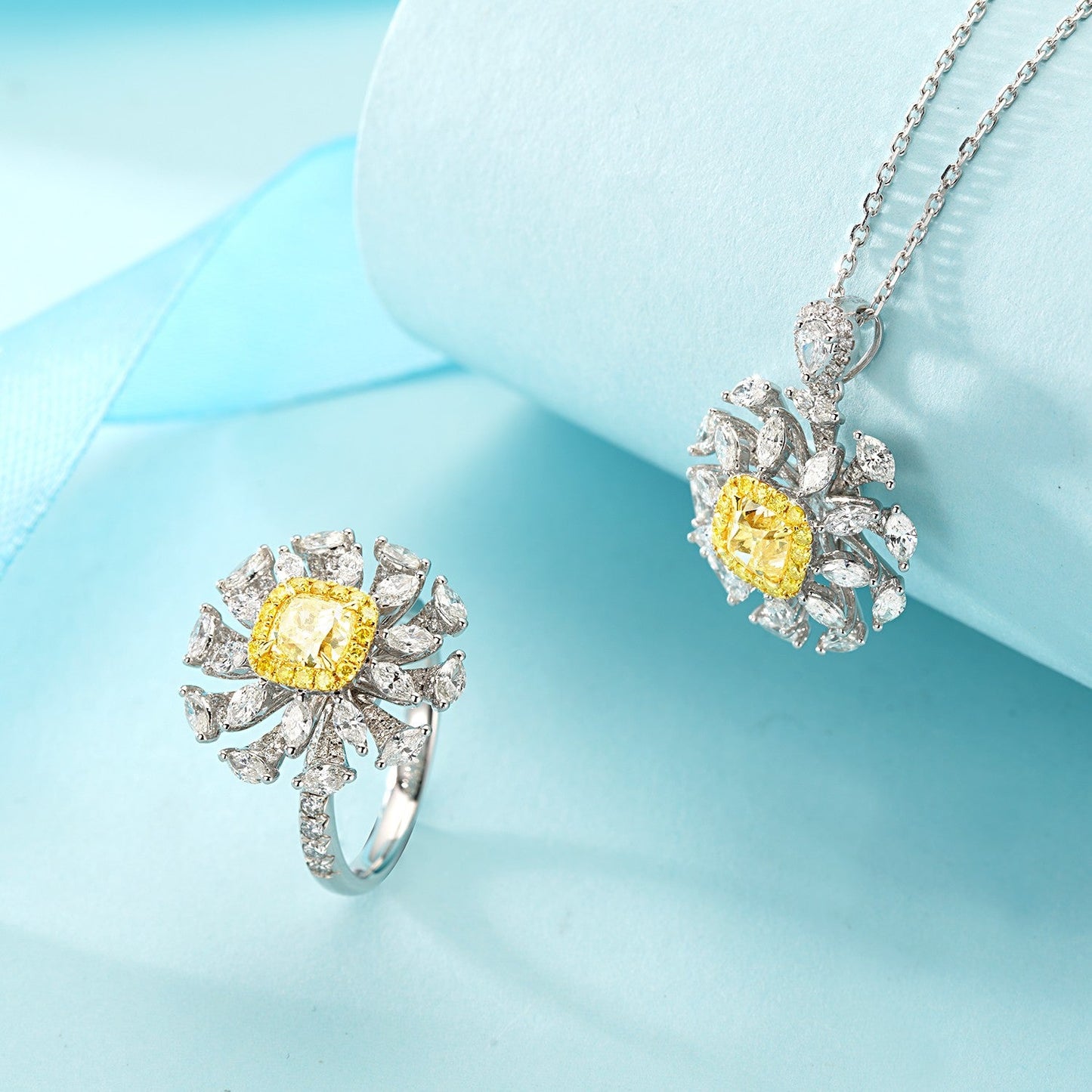 Cushion-Cut Yellow Diamond Pendant with Marquise Accent - Premium Jewelry - Yellow Diamond Set System