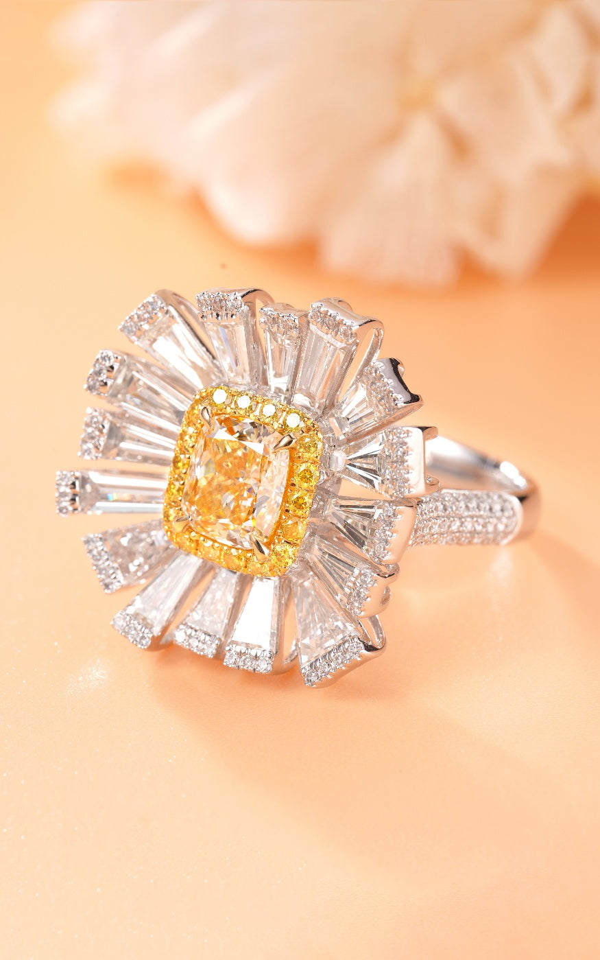 Cushion-Cut Yellow Diamond Surround T Ring - Premium Jewelry - Yellow Diamond Ring