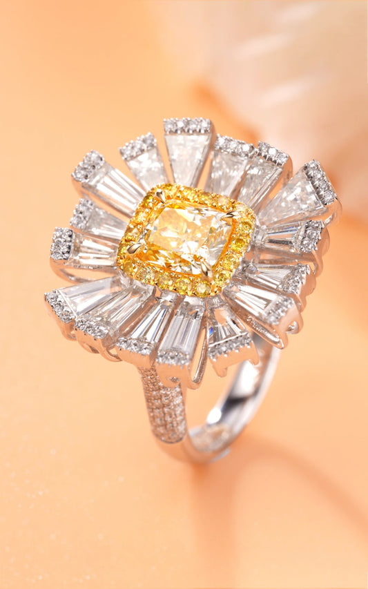 Cushion-Cut Yellow Diamond Surround T Ring - Premium Jewelry - Yellow Diamond Ring