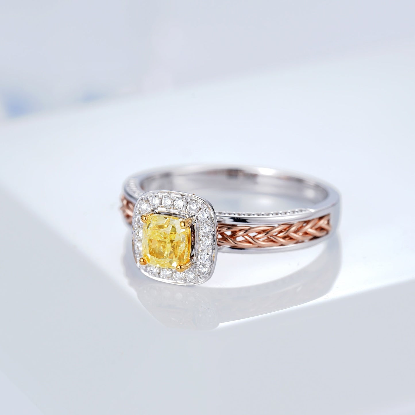 Cushion-Cut Yellow Diamond Weave Ring - Luxury Jewelry - Yellow Diamond Ring