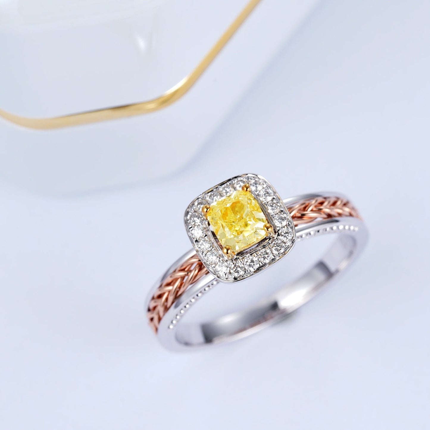 Cushion-Cut Yellow Diamond Weave Ring - Luxury Jewelry - Yellow Diamond Ring