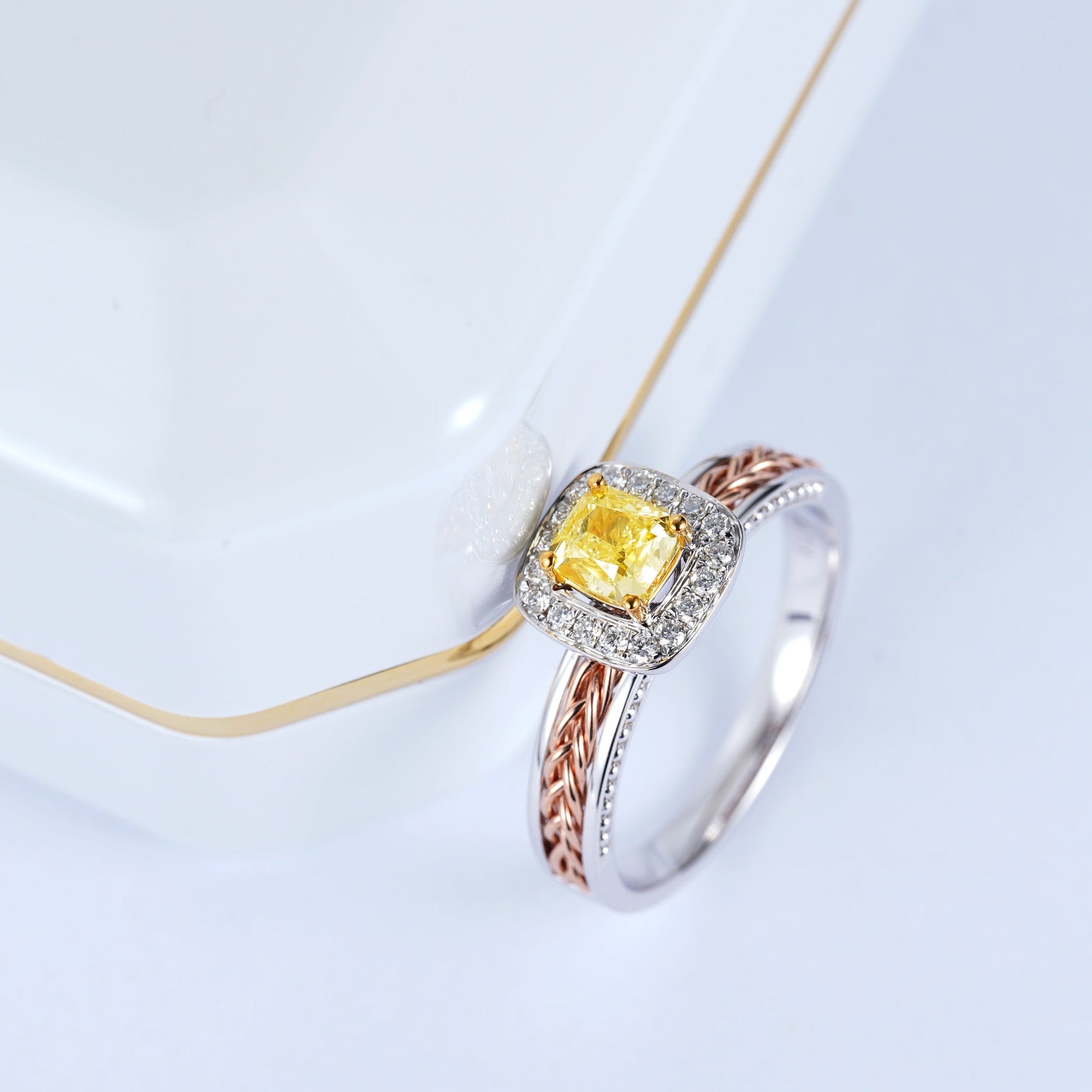 Cushion-Cut Yellow Diamond Weave Ring - Luxury Jewelry - Yellow Diamond Ring