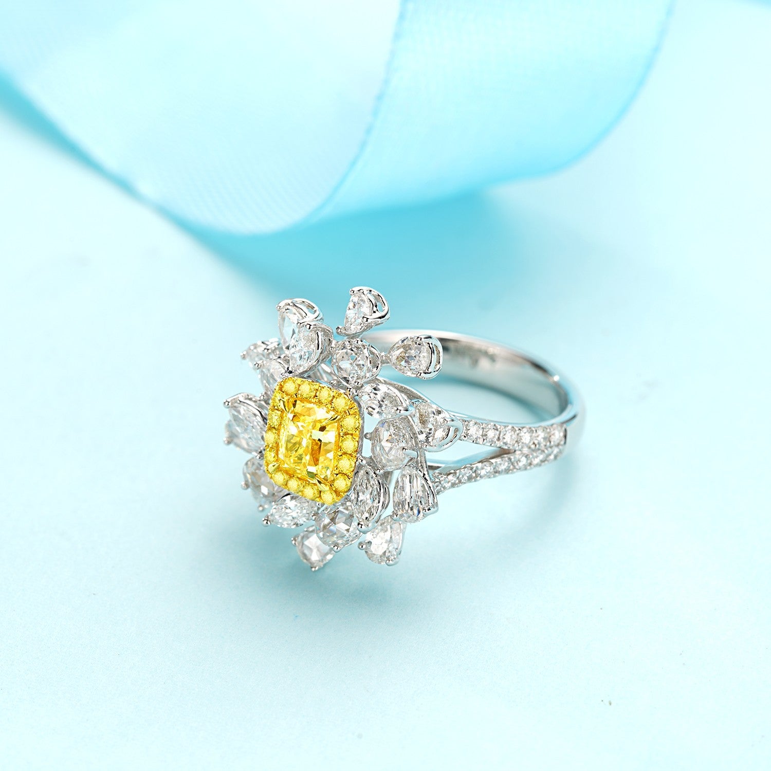 Cushion Marquise Drop Ring with Canary Diamond - Premium Jewelry - Yellow Diamond Ring