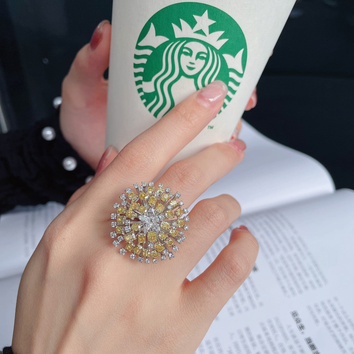 Dandelion Ring with Diamond Centerpiece – Elegant Jewelry Piece - Yellow Diamond Ring