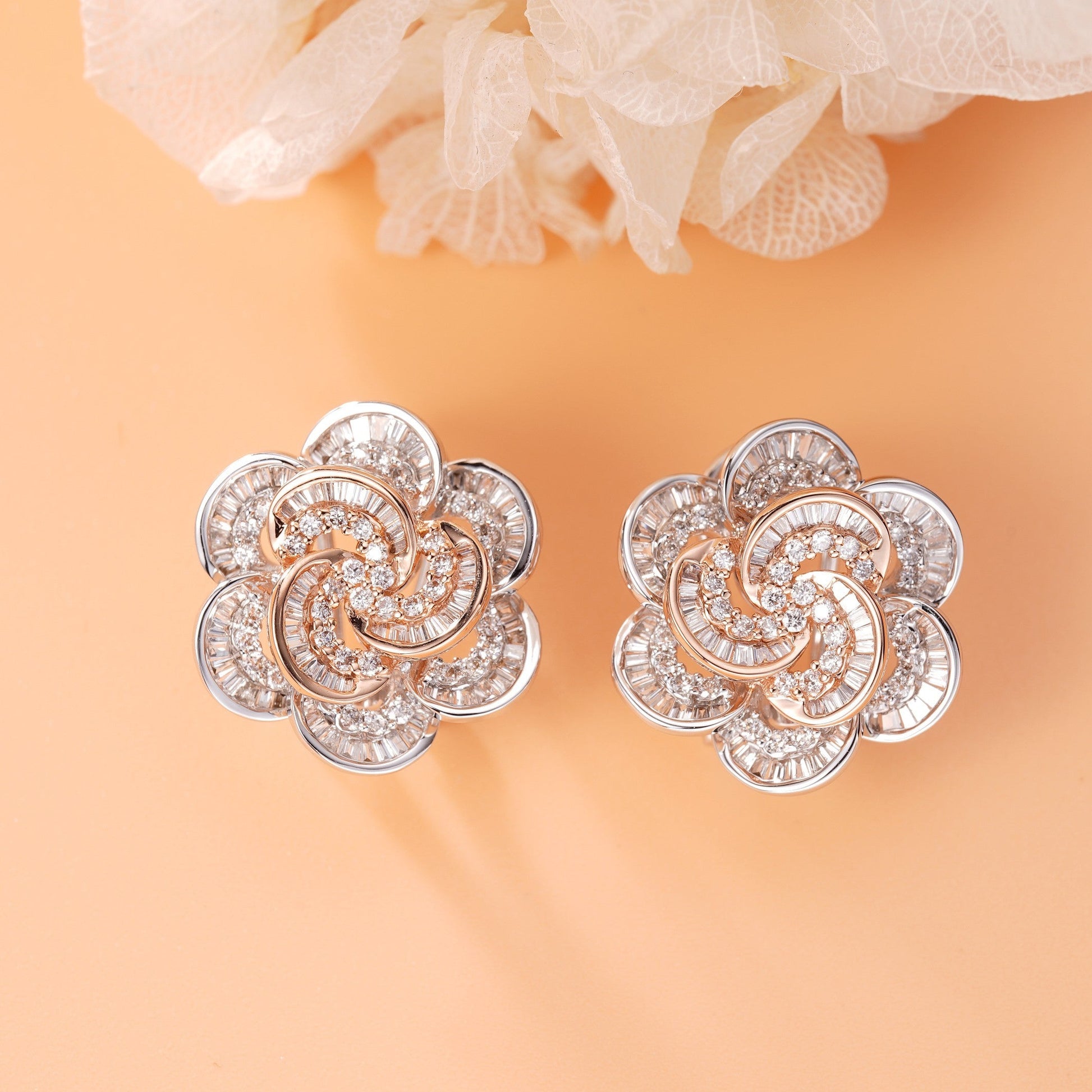 Dazzling Two-Tone T-Flower Earrings with Diamonds | Premium Jewelry - Jeweler.Jewelry