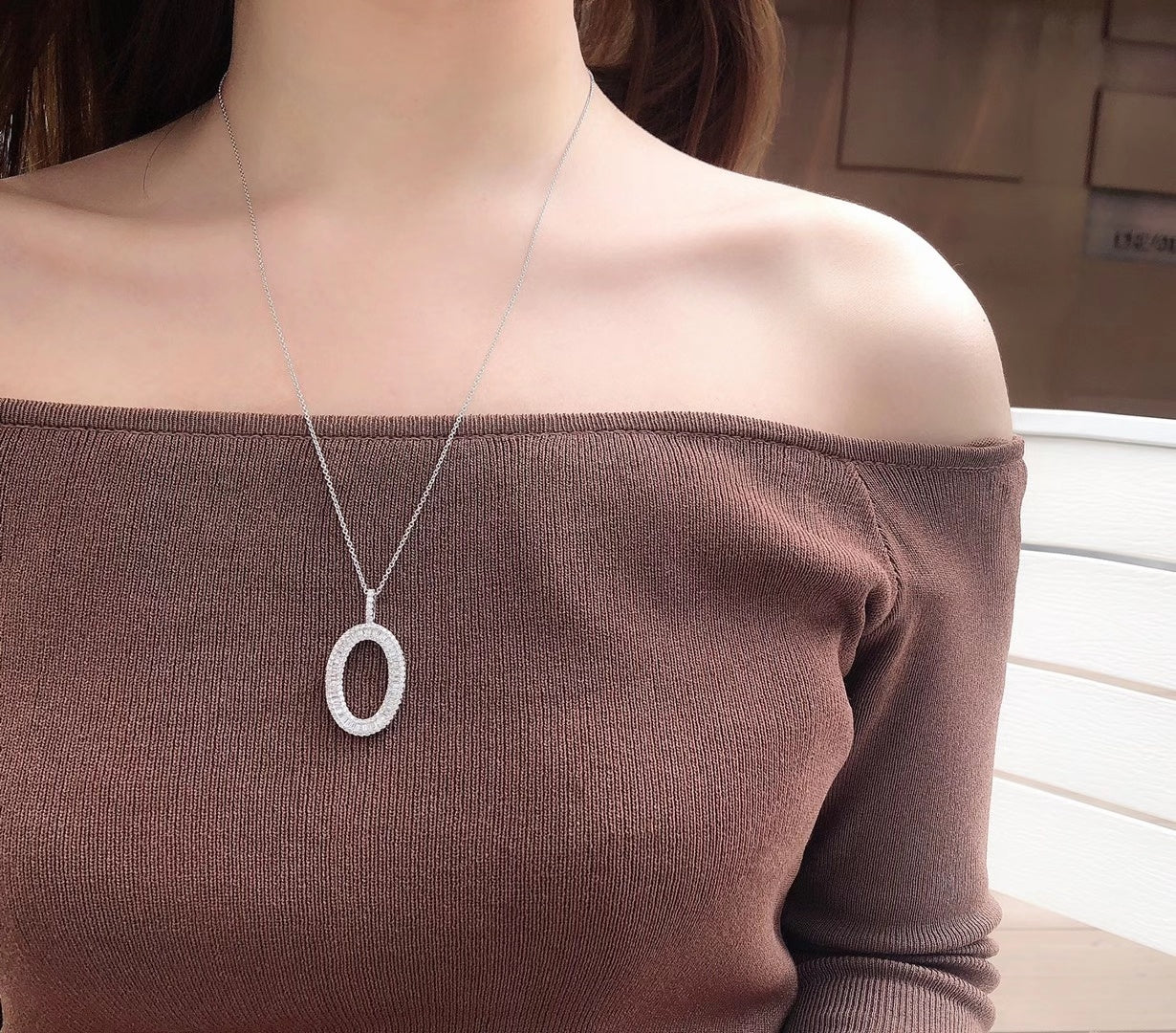 Diamond-Accented Ellipse Pendant Necklace - Premium Jewelry - White Diamond Pendant