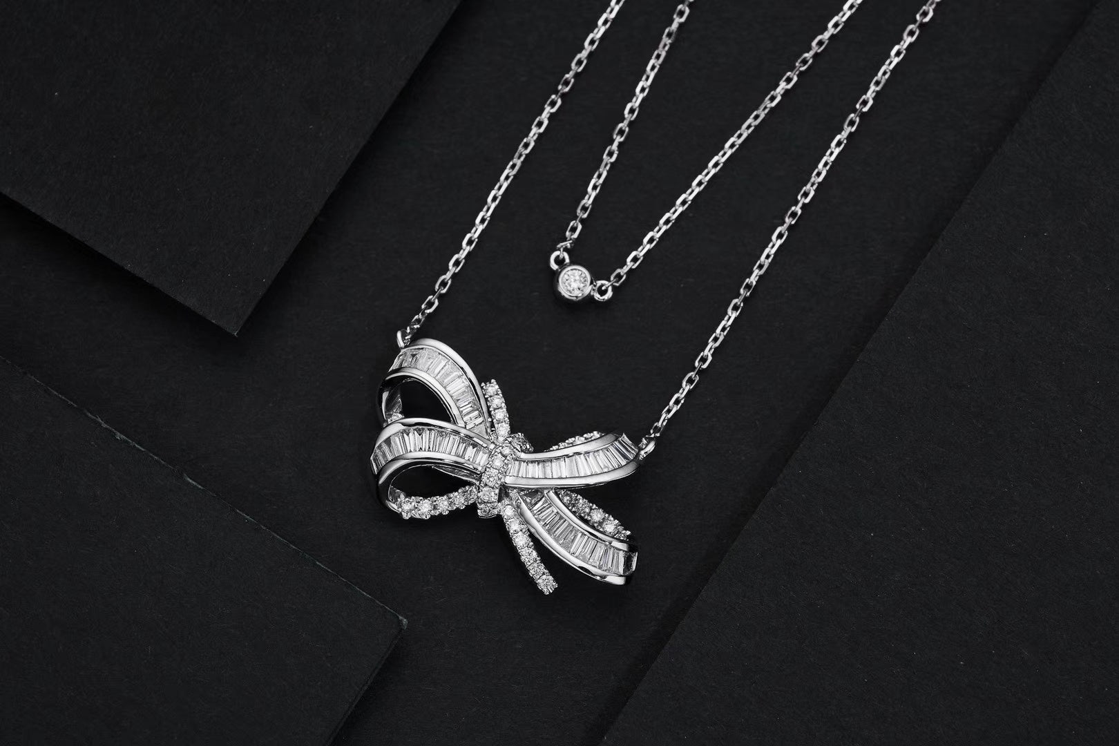 Diamond Bowknot Double Chain Pendant Jewelry - White Diamond Pendant