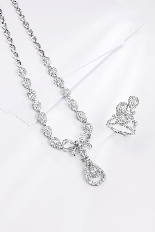 Diamond Bowknot Pendant with Droplet Chain - Luxury Jewelry - White Diamond Necklace