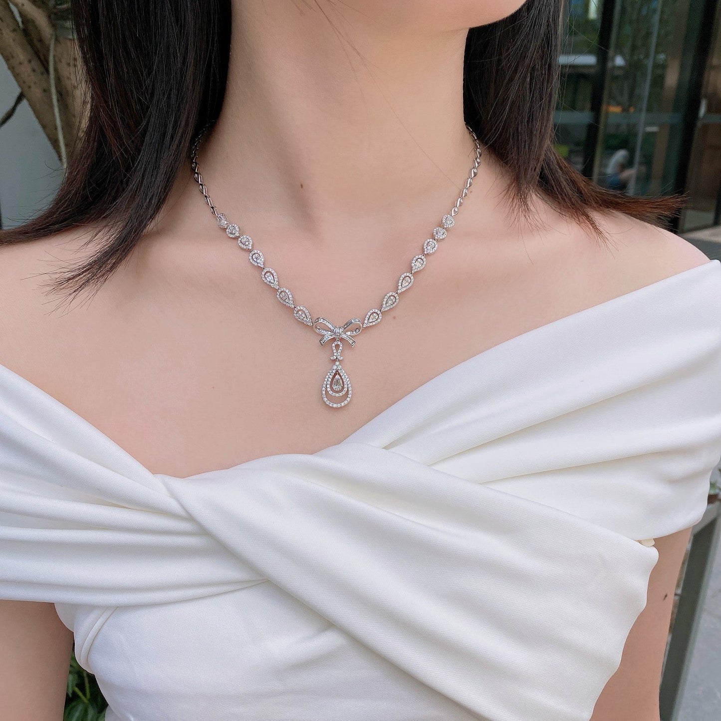 Diamond Bowknot Pendant with Droplet Chain - Luxury Jewelry - White Diamond Necklace