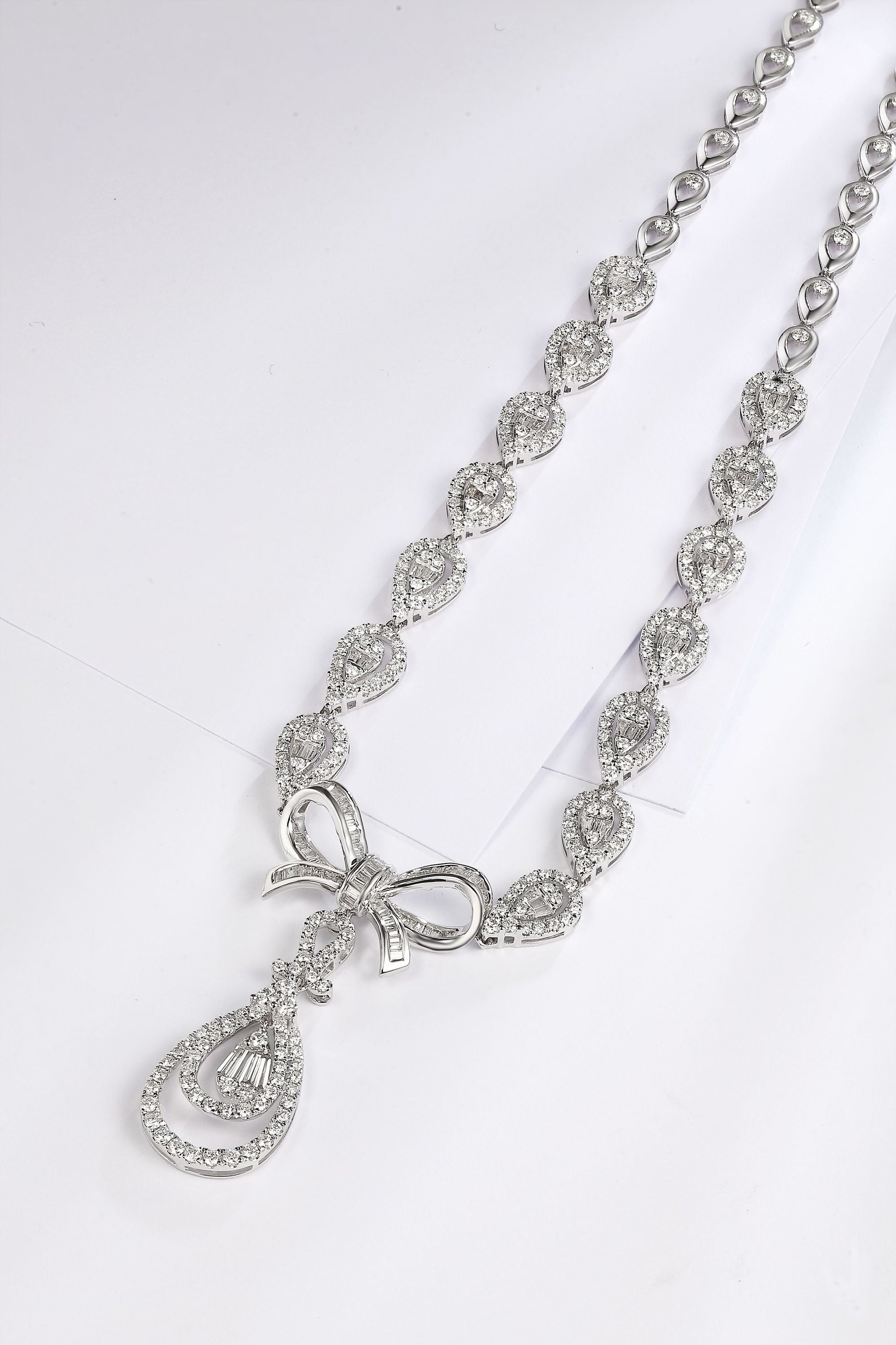 Diamond Bowknot Pendant with Droplet Chain - Luxury Jewelry - White Diamond Necklace