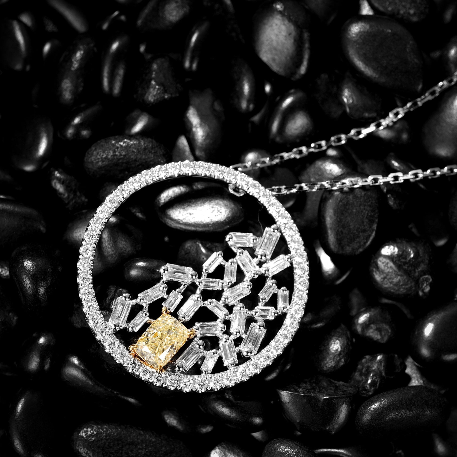 Diamond Circle Pendant with Square Frame - Exquisite Jewelry Piece - Yellow Diamond Pendant