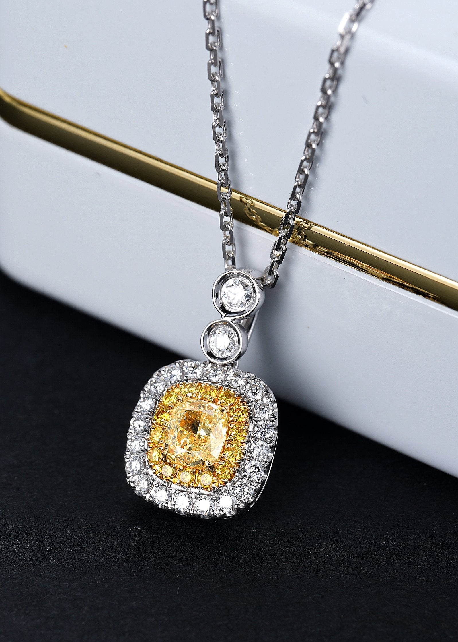 Diamond Double Cushion Pendant - Luxurious Jewelry Piece - Yellow Diamond Pendant