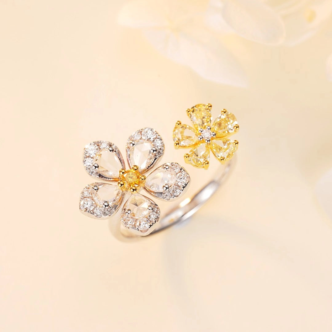 Diamond Double Flower Open Ring - Premium Jewelry Collection - Yellow Diamond Ring