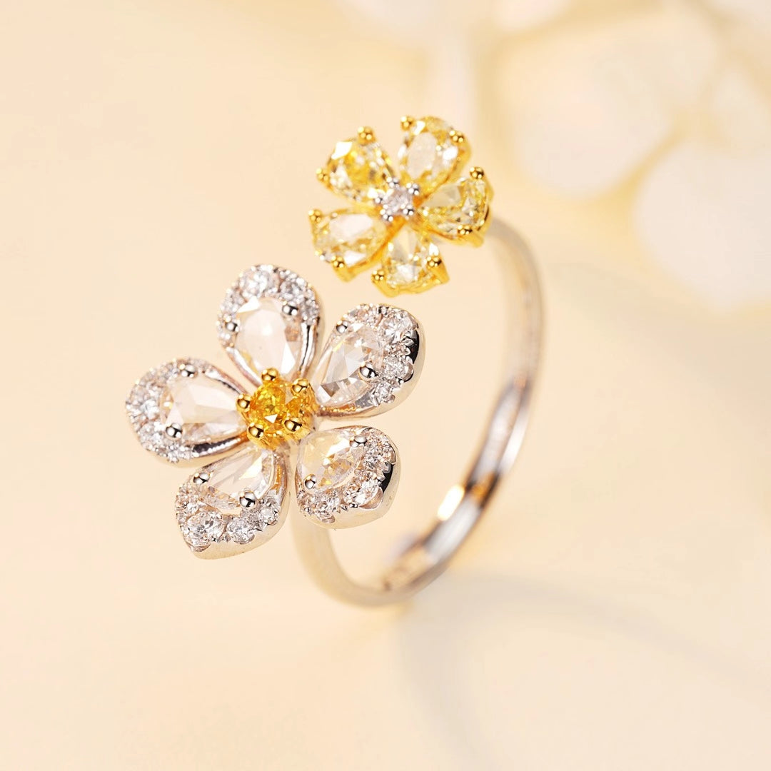 Diamond Double Flower Open Ring - Premium Jewelry Collection - Yellow Diamond Ring