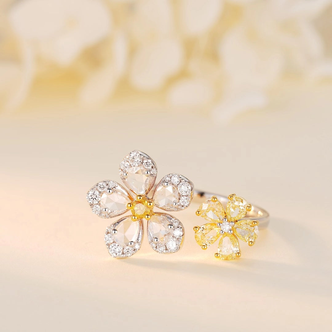 Diamond Double Flower Open Ring - Premium Jewelry Collection - Yellow Diamond Ring