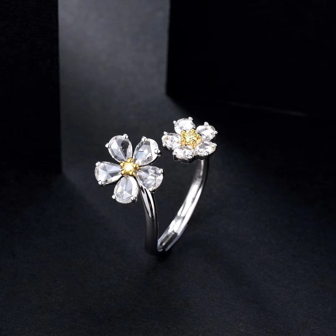 Diamond Double Flower Rose Cut Ring - Unique Jewelry Piece - Yellow Diamond Ring