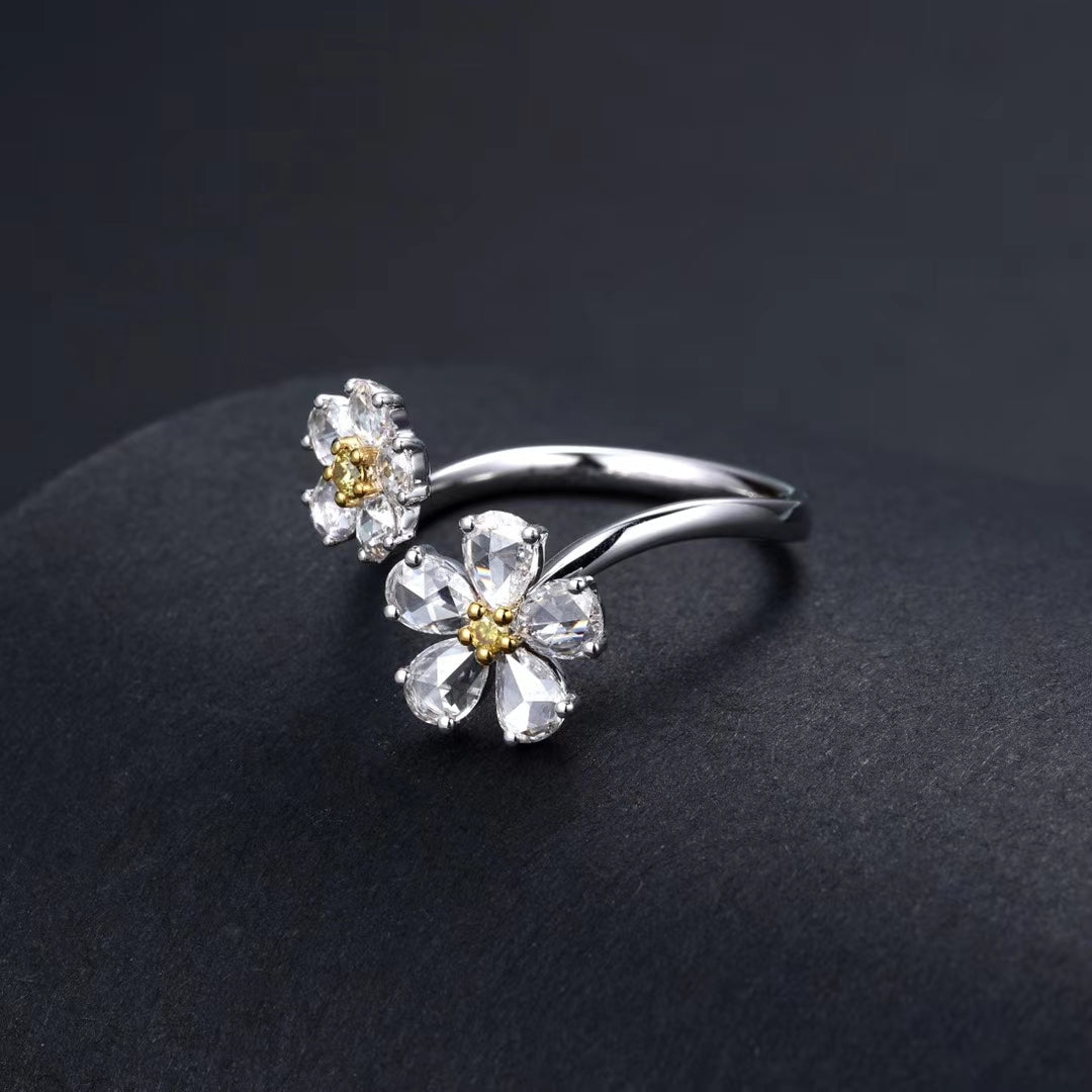 Diamond Double Flower Rose Cut Ring - Unique Jewelry Piece - Yellow Diamond Ring